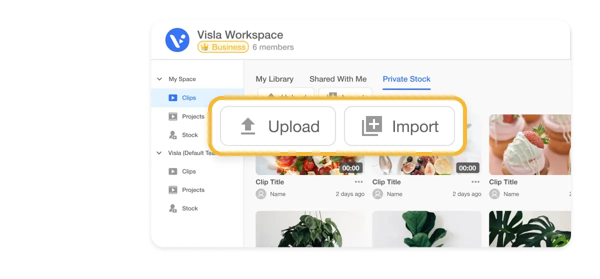Easily upload from your device or import from YouTube and your existing Visla library into your private video stock.